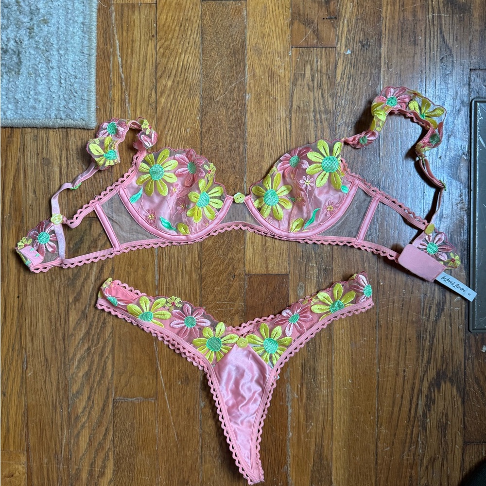 For love & Lemons Floral Embroidered Pink Lingerie Set